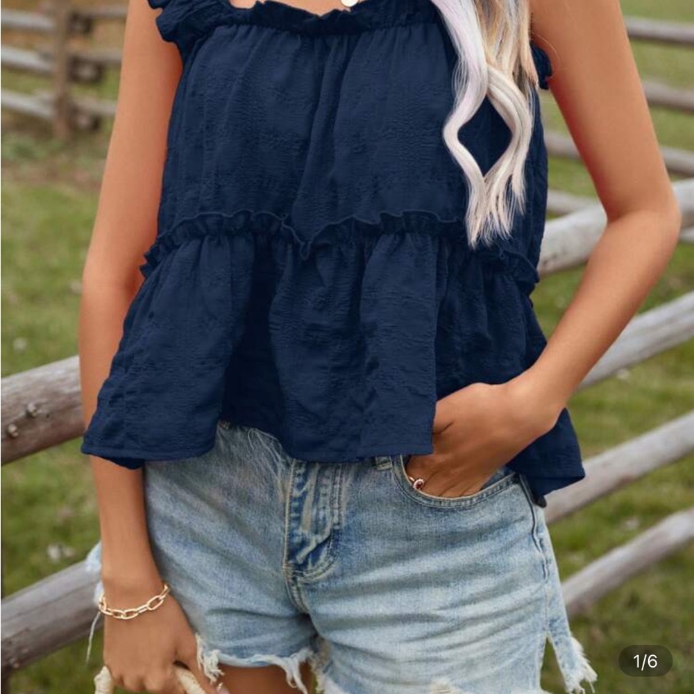Navy Ruffle Sleeveless Top